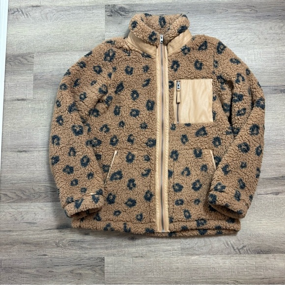 Abercrombie & Fitch Leopard Sherpa Jacket Full Zip Size Medium Faux Leather - Picture 1 of 6